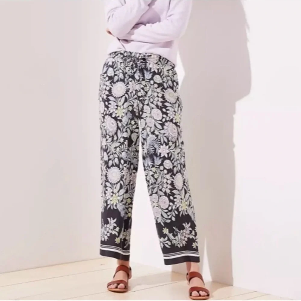 LOFT floral fluid palazzo wide leg elastic waist drawstring pants